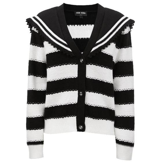 
Vero Moda Outlet Knit Cardigan for Women in Autumn and Winter Clearance Loose Navy Collar Black and White Striped Sweater Versatile
