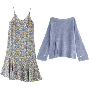 
SELLYNEAR maternity suit spring and autumn clothes new fashionable fog blue sweater floral dress two-piece set