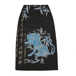 All Things Resurrection Original Design New Chinese Style Black He Wu Bamboo Leaf Printed National Style Slit High Waist Long Skirt
