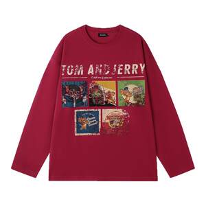 
BJHG reckless Tom and Jerry joint red sweatshirt for men in winter American quick-drying inner long-sleeved T-shirt for women