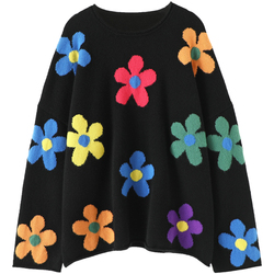 Crazy Love! Colorful Flower Wide Sleeves Thickened Cashmere Sweater Women's Round Neck Pure Cashmere Sweater Loose New Style Winter