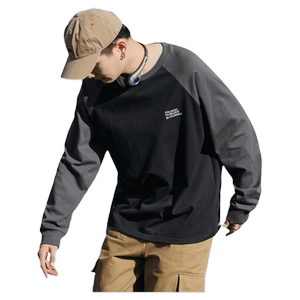 
Tangshi spring and autumn new long-sleeved T-shirt men's contrasting color stitching round neck loose boys' tops teenagers bottoming shirt