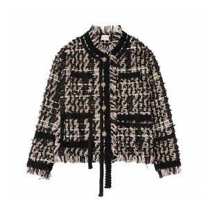 COOLLINE Lin Zixi Kangpeng Street Heavy Industry Black Gold Knitted Tassel Wool Small Flavored Style Jacket Top for Women
