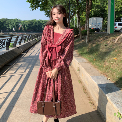 taobao agent Navy fuchsia autumn dress, fitted brace, long skirt, plus size, flowered