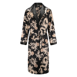Silk robe men's summer thin bathrobe pajamas plus size dragon robe ice silk black home clothes spring and autumn personality trend