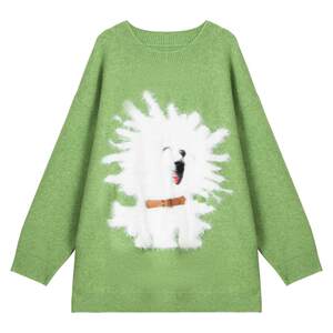 
KEIKO Healing Puppy Jacquard Sweater Women's Spring Lazy White Green Loose Pullover Sweater