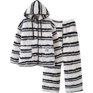 
SLEEPTIGHT coral velvet couple pajamas for women, winter extra thick three-layer quilted boys' striped hooded cotton jacket