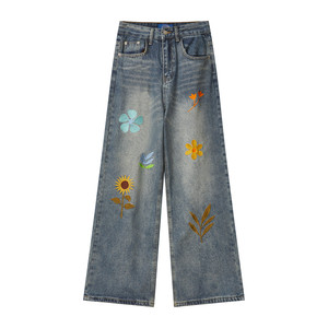 
lemanism trendy brand embroidered washed jeans men's 2026 spring couple style cleanfit loose casual pants