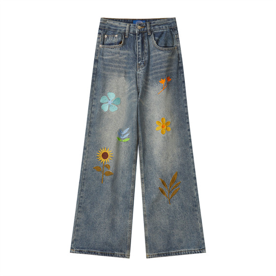 
lemanism trendy brand embroidered washed jeans men's 2026 spring couple style cleanfit loose casual pants