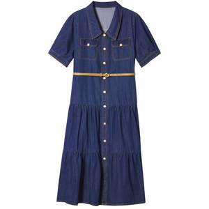 
[100% pure cotton] Psalm Selected Retro High Waist Denim Shirt Dress Summer