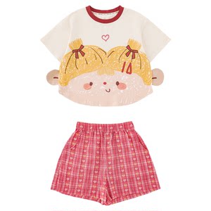 
Young girls summer new cartoon short-sleeved antibacterial round neck T-shirt 2026 plaid cool shorts children's suit