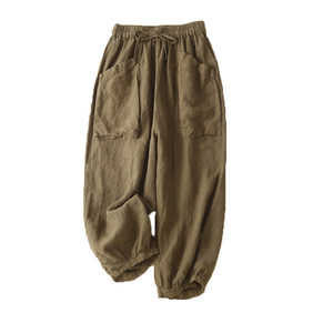 Linen pants for women summer 2026 new large size fat mm elastic waist slimming harem pants casual literary bloomers