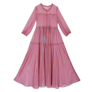 
Cotton and linen bronzing chiffon dress for women 2025 new spring high-waist temperament skirt lace splicing long skirt