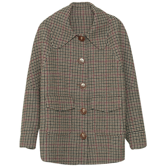 Solighter independently designed mixed color grid wool double -sided woolen coat, loose, thin short jacket autumn and winter
