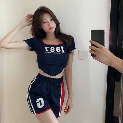 taobao agent Summer short T-shirt, top, fitted shorts, sports suit, plus size, high waist