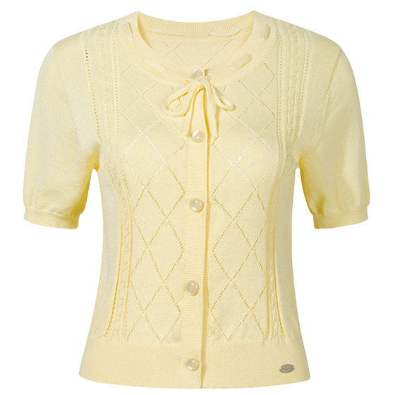 
GUUKAHERO light yellow hollow rhombus short knitted short-sleeved women's Korean sweet lace-up round neck cardigan top
