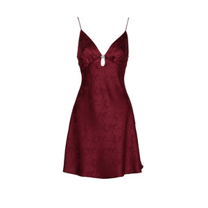 
DPLAYSWEET red bow jacquard hollow suspender nightgown short light luxury satin pajamas 2025 winter