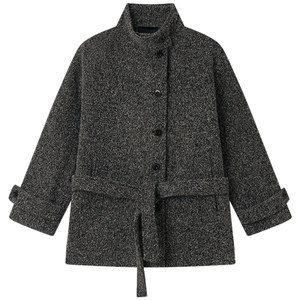 
Halo Luu gray wool coat for women winter thickened high-end design short stand-up collar waisted woolen coat