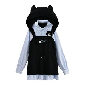 
Mori girl tribe sweet style new striped shirt splicing fake two-piece design cat ear hooded dress for women spring