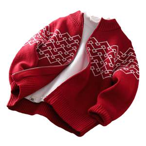 
Boys Autumn and Winter Red Warm Knitted Sweater 2025 New Children's Sweater Jacket Western Style Zodiac Year Knitted Cardigan
