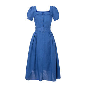 
Chings French retro square collar cotton and linen dress for women slimming belt Hepburn style A-line large hem skirt umbrella skirt