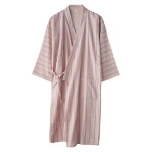
Simple striped unmarked nightgown for men and women in spring and autumn summer pure cotton gauze double-layer thin bathrobe yukata home clothes