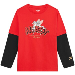 
Happy New Year Xtep children's clothing for boys and girls fake two-piece printed long-sleeved T-shirts knitted tops contrasting color bottoming shirts