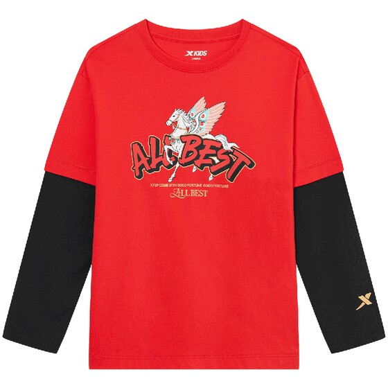 
Happy New Year Xtep children's clothing for boys and girls fake two-piece printed long-sleeved T-shirts knitted tops contrasting color bottoming shirts