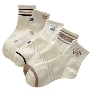 Spring and Autumn Cartoon Stockings Children's Middle Cotton Socks Ins Topping Violence Sports Student Coffee Cai White Bear Short Tube
