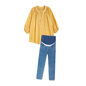 Maternity Suit Spring and Autumn 2026 New Korean Style Pregnant Mother Yellow Western Style Open Button Loose Shirt Jeans Two-piece Set