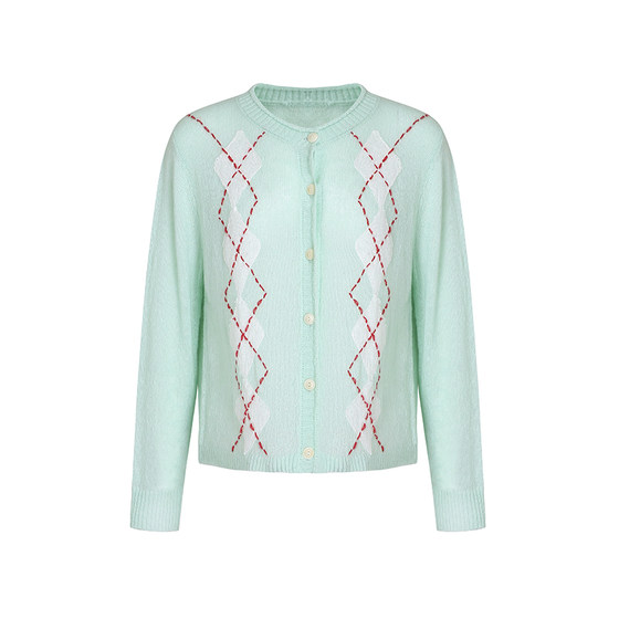 
Fano Mint Mambo Handmade Diamond Embroidered Round Neck Loose Wool Mohai Sweater Cardigan Jacket Women