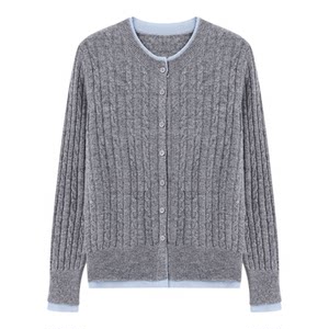 
Baijiahao gray and blue contrasting twist knitted wool cardigan for women spring new retro lazy round neck cable sweater