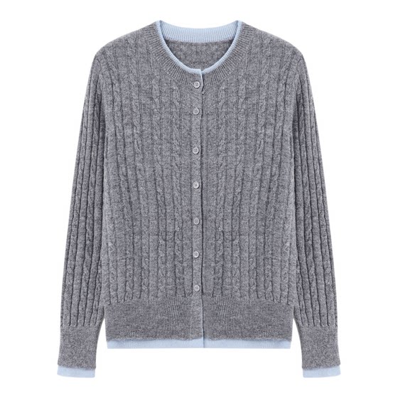 
Baijiahao gray and blue contrasting twist knitted wool cardigan for women spring new retro lazy round neck cable sweater