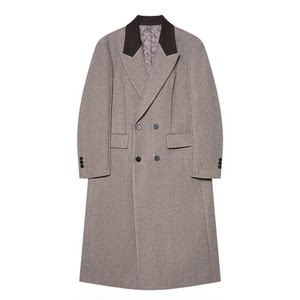 
[Goose Down Liner] Storage grid splicing woolen coat men's mid-length over-the-knee handsome quilted jacket with shoulder pads