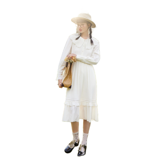 
Zihan doll collar long-sleeved dress for women in spring and autumn new French sweet high-waisted white A-line long skirt