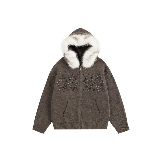 
ATRY fur collar sweater men's autumn and winter new lazy cardigan beaded couple hooded cardigan jacket women