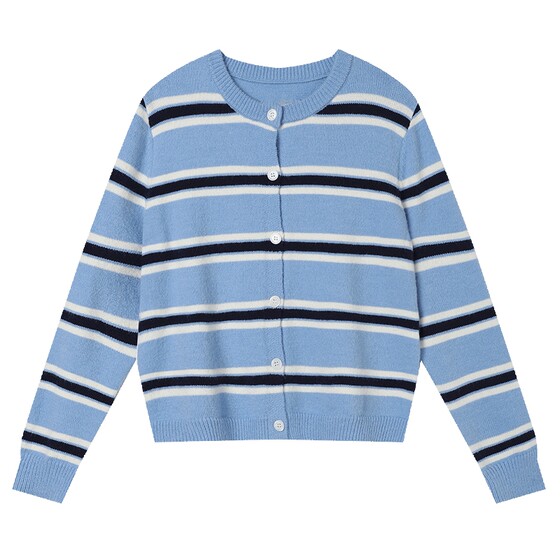 
White Deer Language Retro Stripe Contrast Color Round Neck Knitted Cardigan 25 Autumn and Winter New Niche Age Reducing Versatile Sweater Jacket