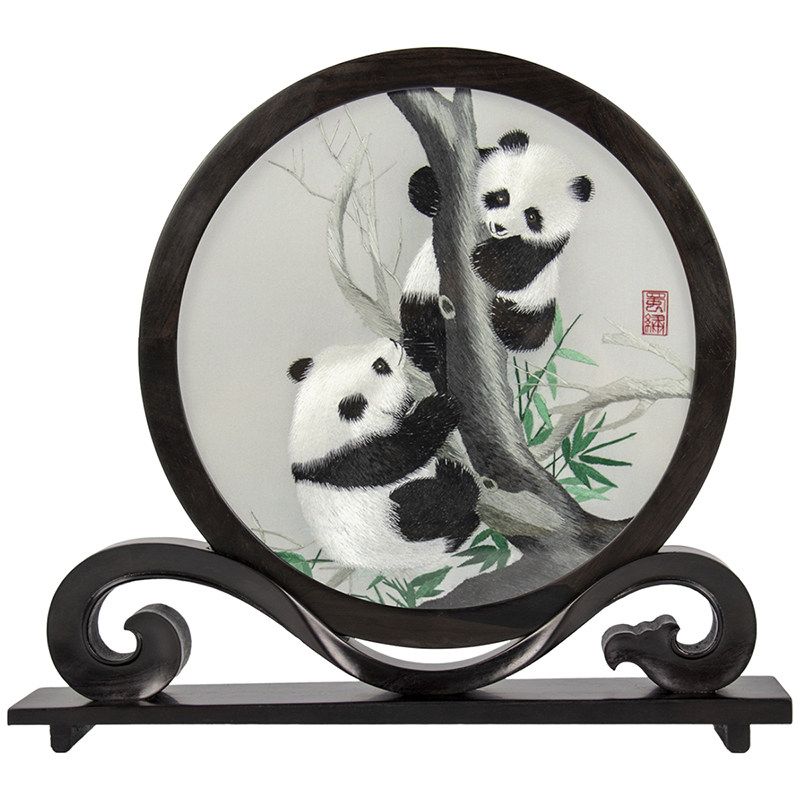 中国伝統工芸品 パンダ刺繍置物 化粧箱入り 中国刺繍民芸品(たて