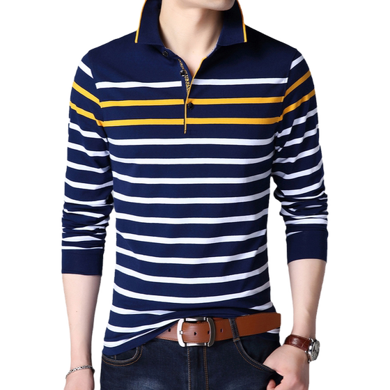 Spring and autumn long -sleeved T -shirt pure cotton slim men's middle and middle -aged lapel base tide Polo shirt fine stripe shirt
