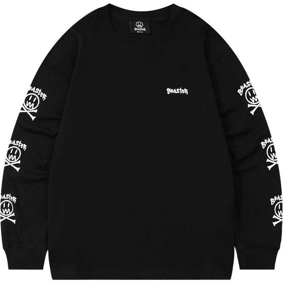 
BEASTER Bone Ghost Face Long Sleeve White T-shirt Men's Letter Heavy Cotton American Casual Loose Top