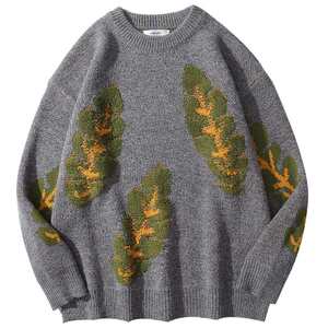 Goku available retro leaves leaf flower round neck sweater men's tide brand loose round neck leisure warm sweater jacket