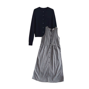 
Maternity dress suit spring and autumn 2026 new pregnancy wear black and white plaid vest dress cardigan two-piece set for women