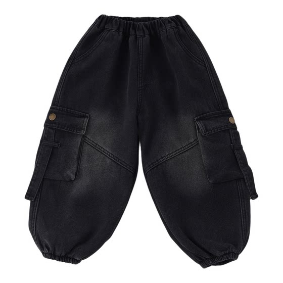 
Children's autumn and winter velvet work jeans for boys and girls, loose legged trousers, Korean style multi-pocket black trousers