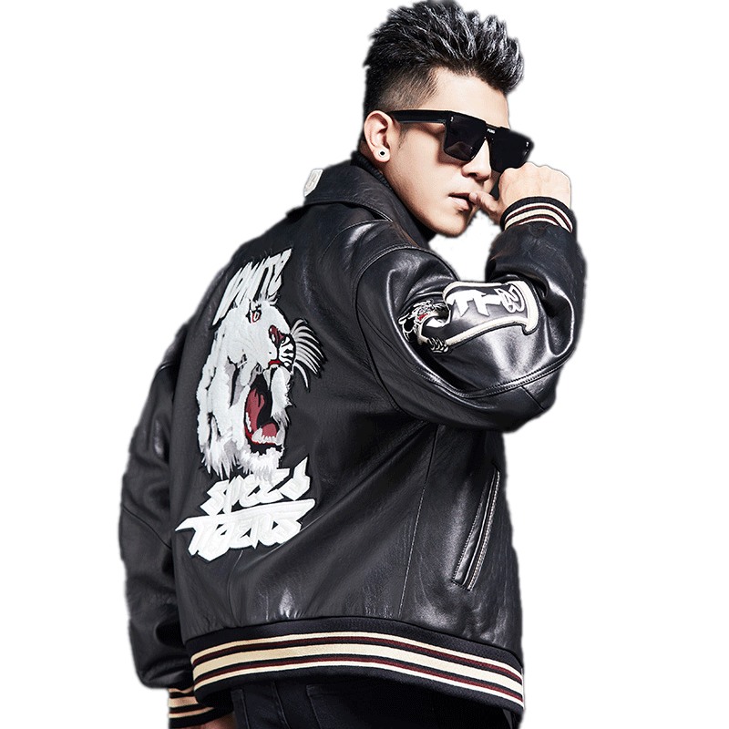 
2026 New Motorcycle Wear Sheepskin Leather Jacket Men's Genuine Leather Jacket Tiger Embroidery Thickened Loose Casual Jacket Trendy