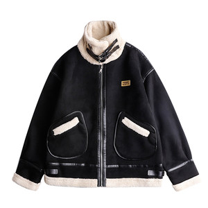 AOGZ national trend brand cotton jacket men's new winter motorcycle windbreaker cotton jacket suede plus velvet thickened couple jacket
