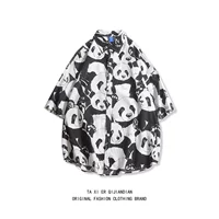 Afone Гонконг ветер летние панда отпечатки легкие винтажные винтажные винтажные из горячих рубашек из коротких рубашек с коротки