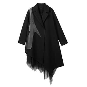 
sdeer winter women's lapel mesh irregular splicing black woolen coat S20481708