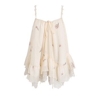 
Thin translucent silk French floral embroidered suspender top