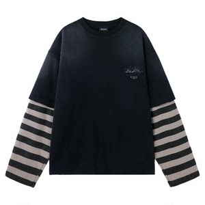 
BJHG reckless fake two-piece sweatshirt men's winter fashion brand American retro casual striped long-sleeved T-shirt for women