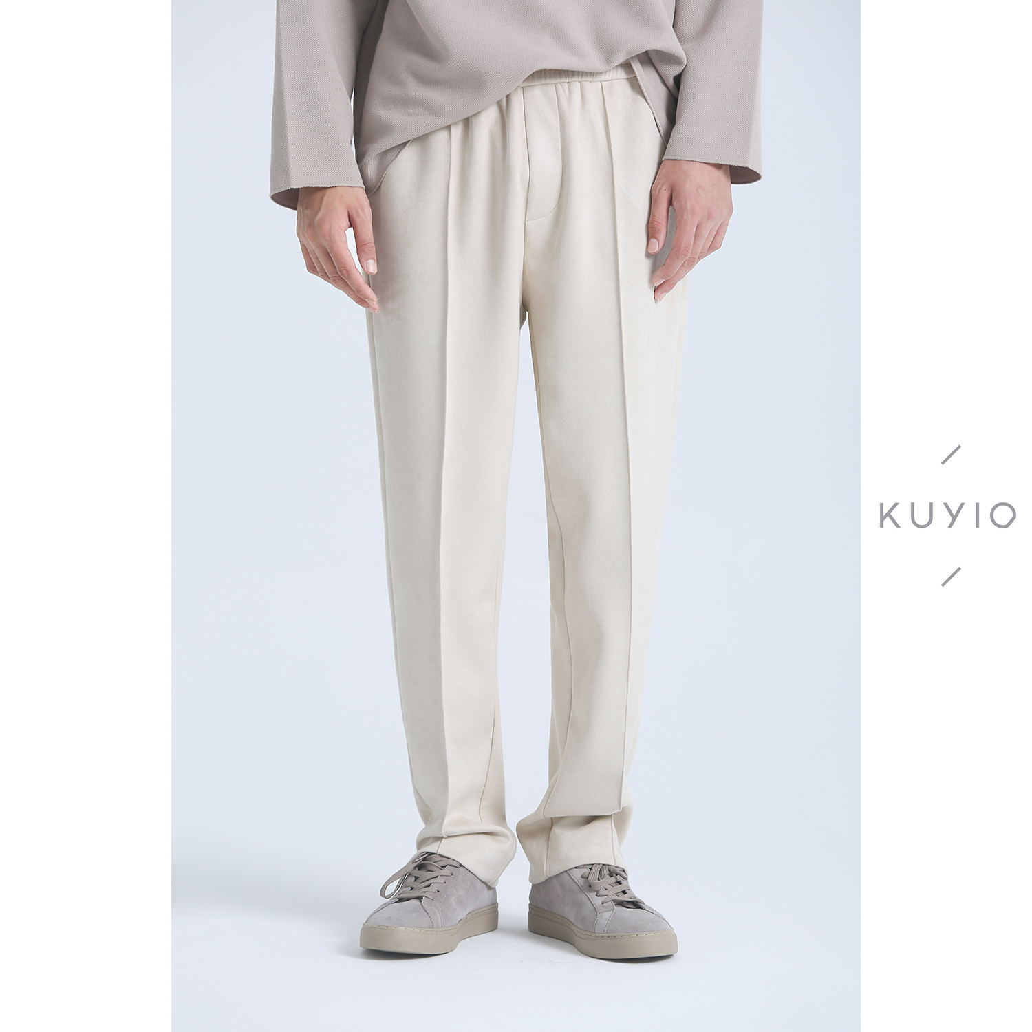 KUYIOU/设计师款 针织弹力麂皮绒休闲裤系带松紧腰宽松直筒长裤男